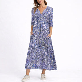 Women's Floral V-Neck Three-Quarter Sleeve Midi Dress
