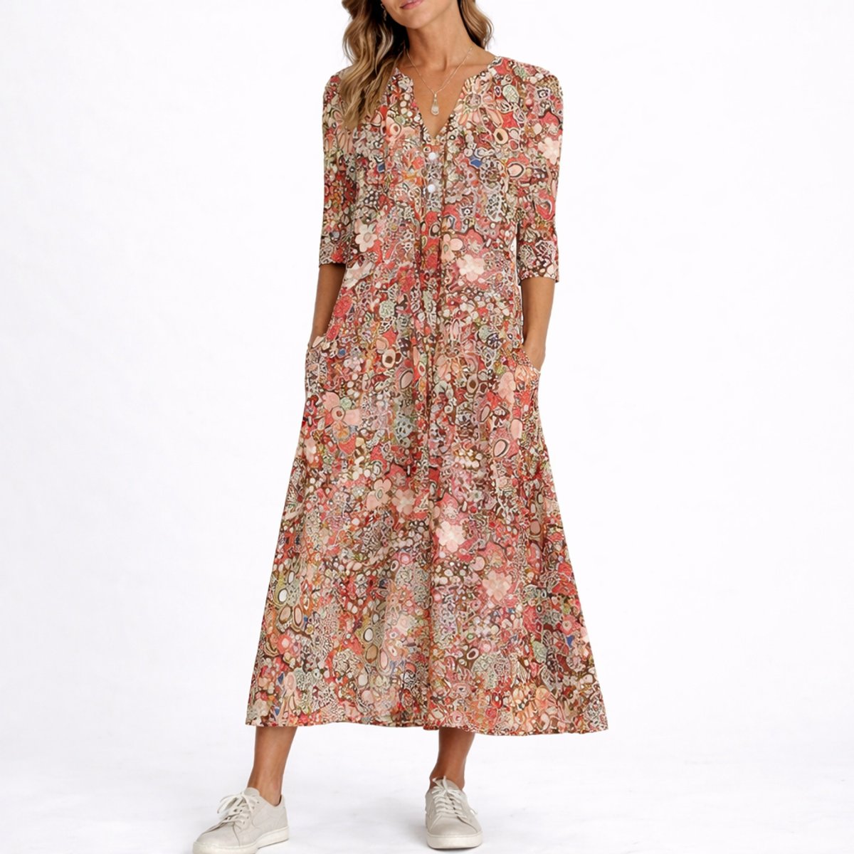 Women's Floral Midi Fall Wedding Guest Dress V-Neck Three-Quarter Sleeve
