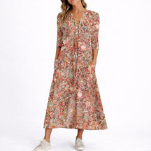 Women's Floral V-Neck Three-Quarter Sleeve Midi Dress
