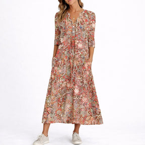 Women's Floral V-Neck Three-Quarter Sleeve Midi Dress