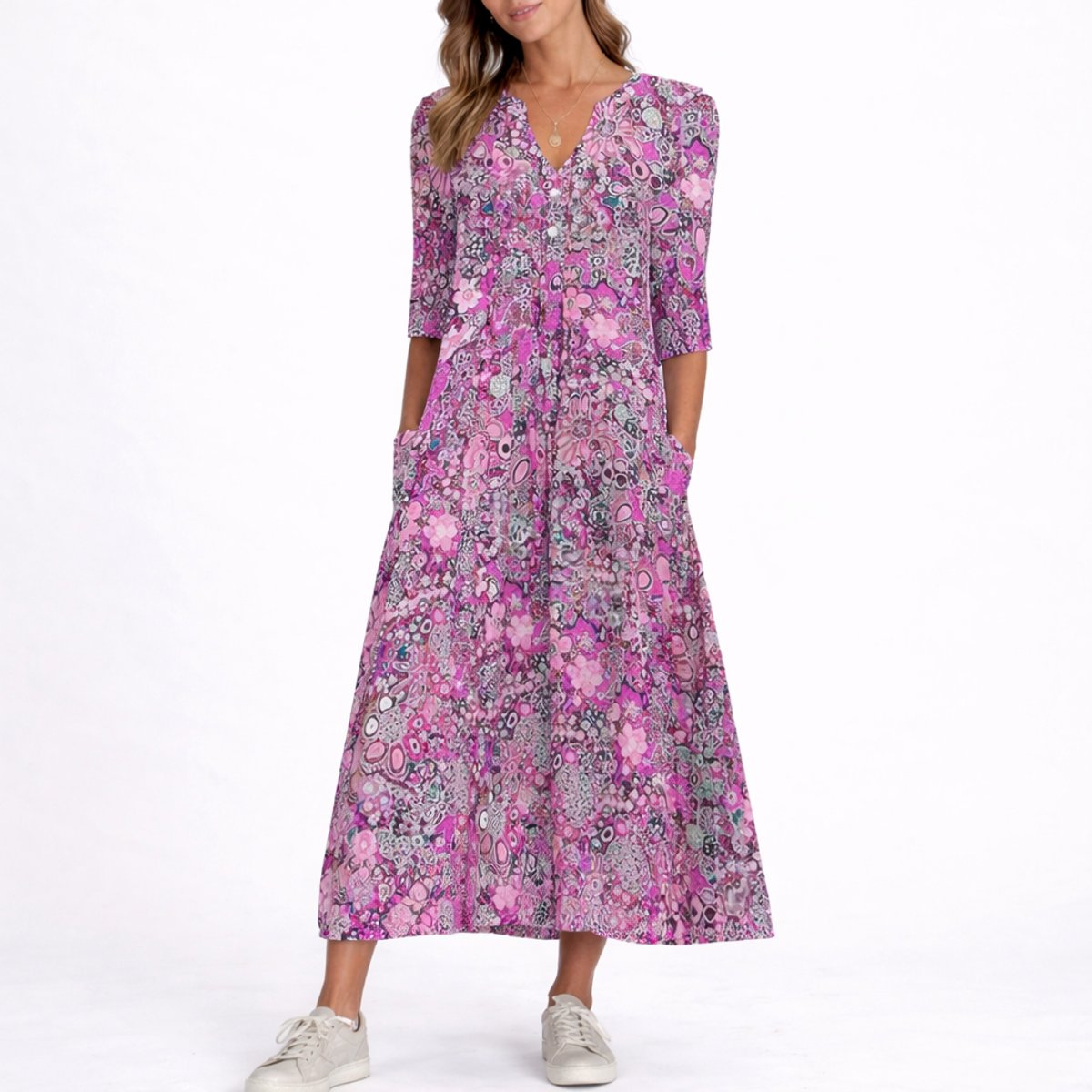 Women's Floral V-Neck Three-Quarter Sleeve Midi Dress