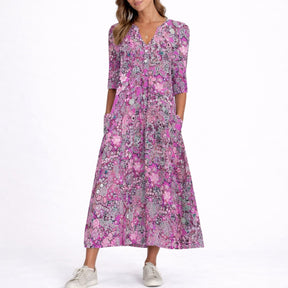 Women's Floral V-Neck Three-Quarter Sleeve Midi Dress