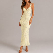 Women's Floral Ruffle Strap Fitted Maxi Fall Wedding Guest Dress