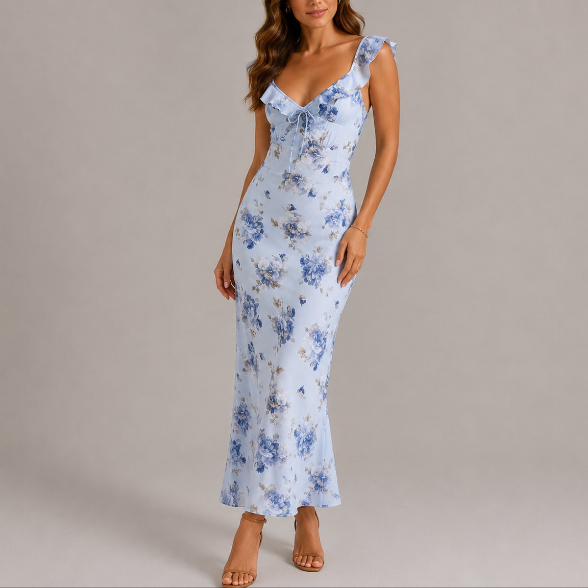 Women's Floral Ruffle Strap Fitted Maxi Fall Wedding Guest Dress
