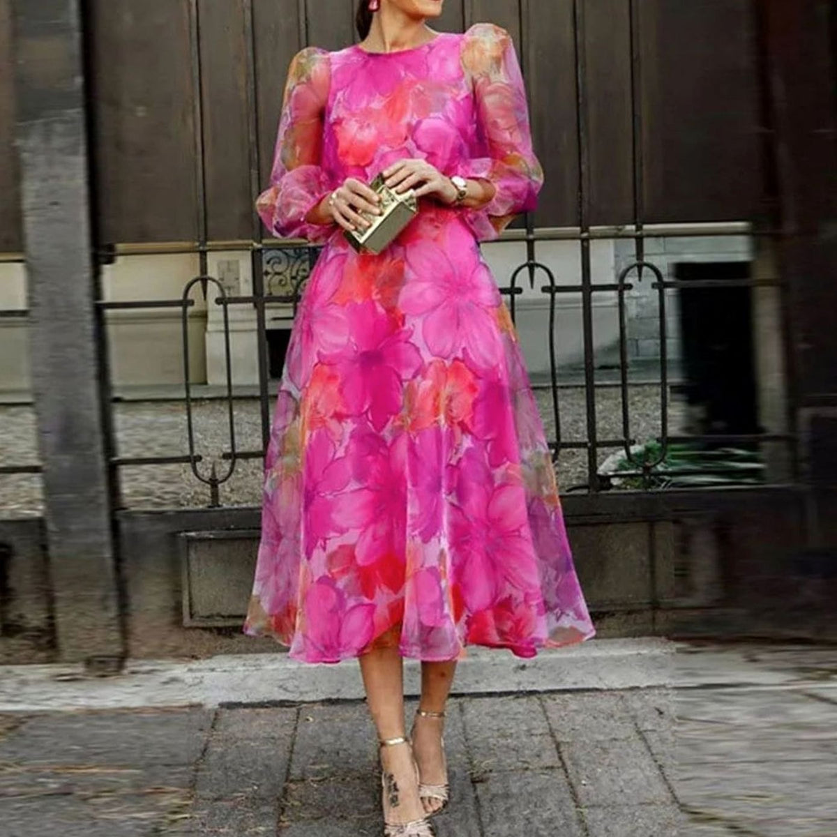 Women's Floral Sheer Long-Sleeve A-Line Midi Cocktail Dress