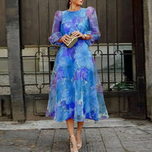 Women's Floral Sheer Long-Sleeve A-Line Midi Cocktail Dress