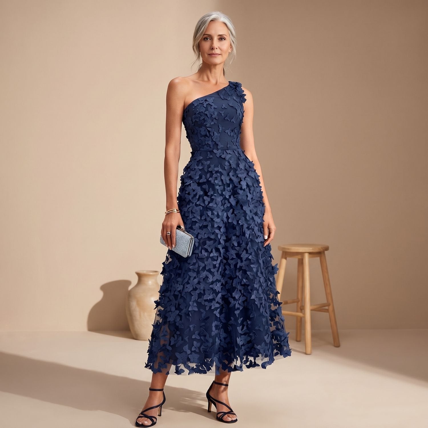Women's One-Shoulder Floral Appliqué Midi Cocktail Dress