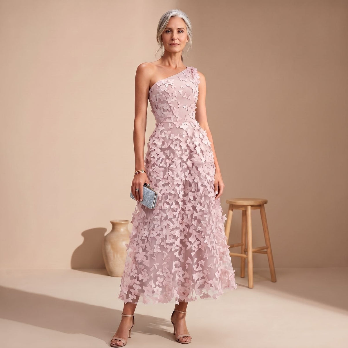Women's One-Shoulder Floral Appliqué Midi Cocktail Dress