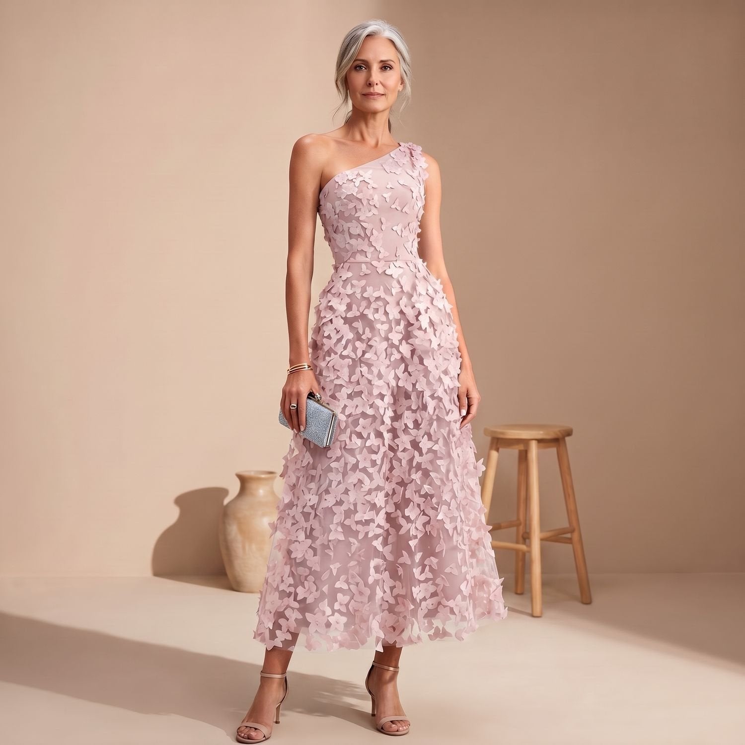 Women's One-Shoulder Floral Appliqué Midi Cocktail Dress