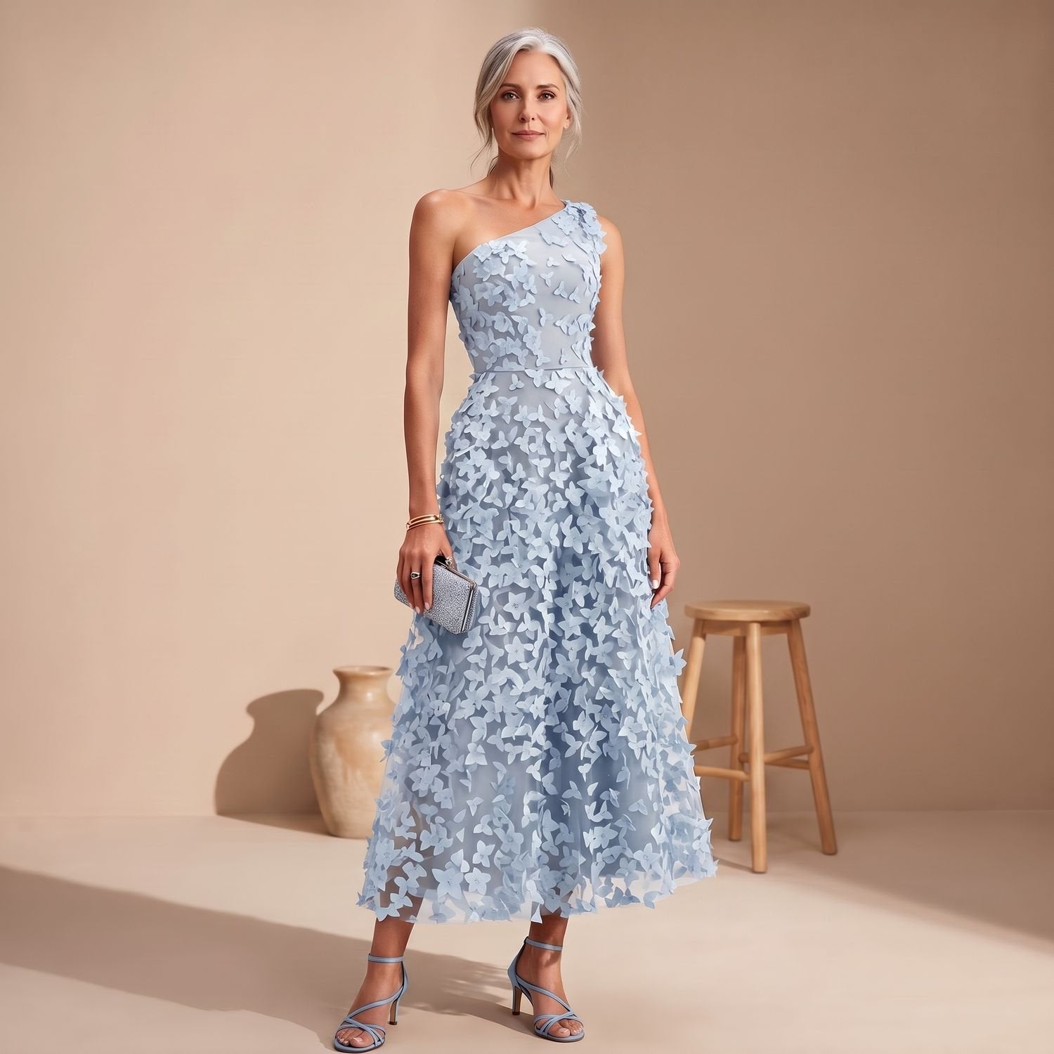 Women's One-Shoulder Floral Appliqué Midi Cocktail Dress