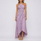 Women's Pleated Ruffle Halter Maxi Cocktail Dress