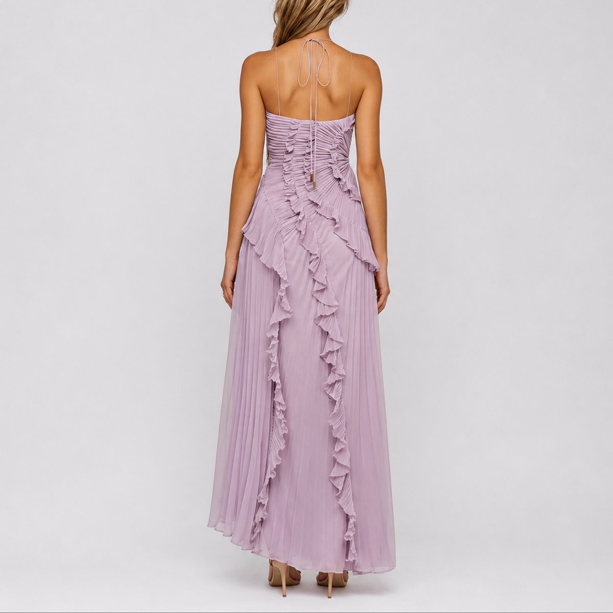 Women's Pleated Ruffle Halter Maxi Cocktail Dress