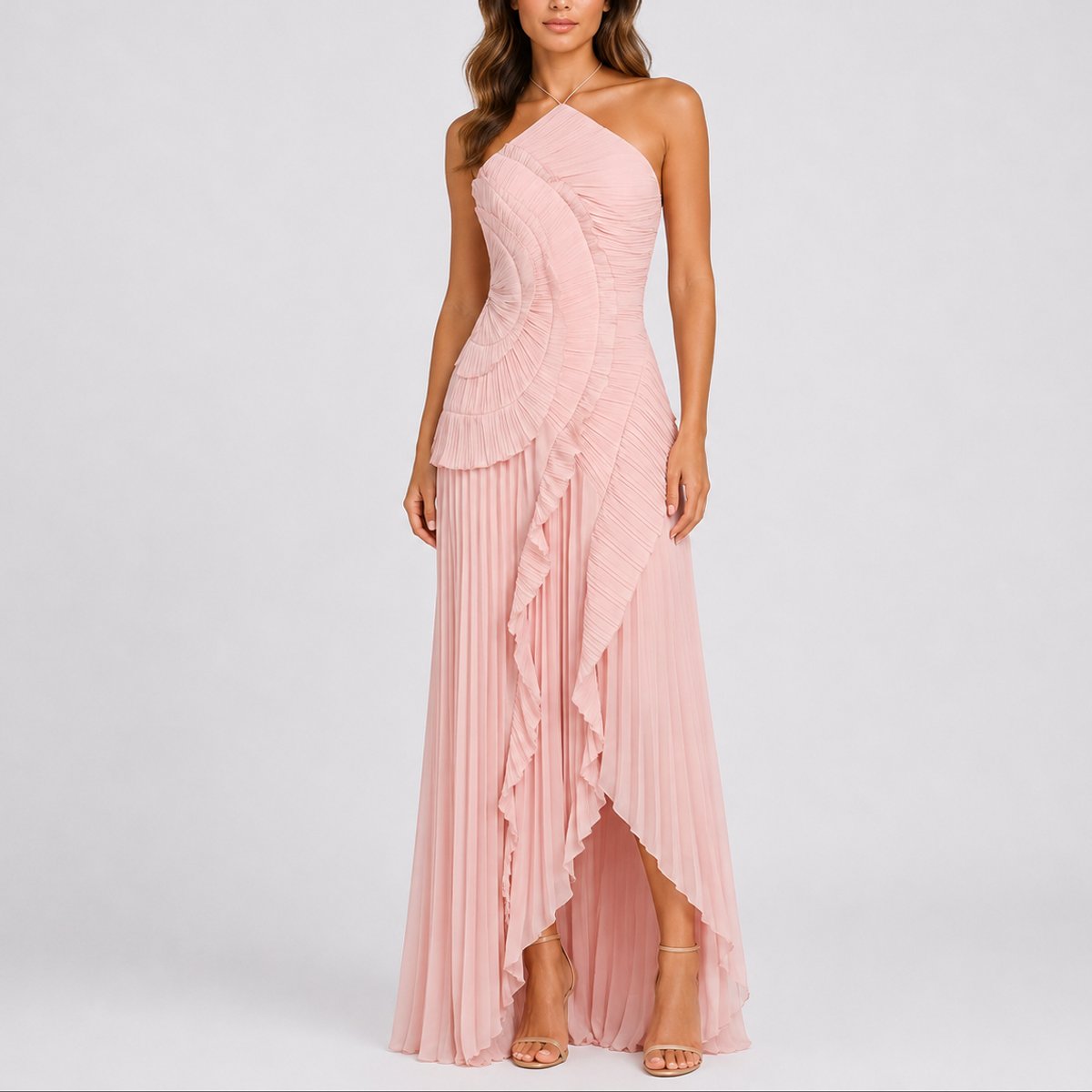 Women's Pleated Ruffle Halter Maxi Cocktail Dress