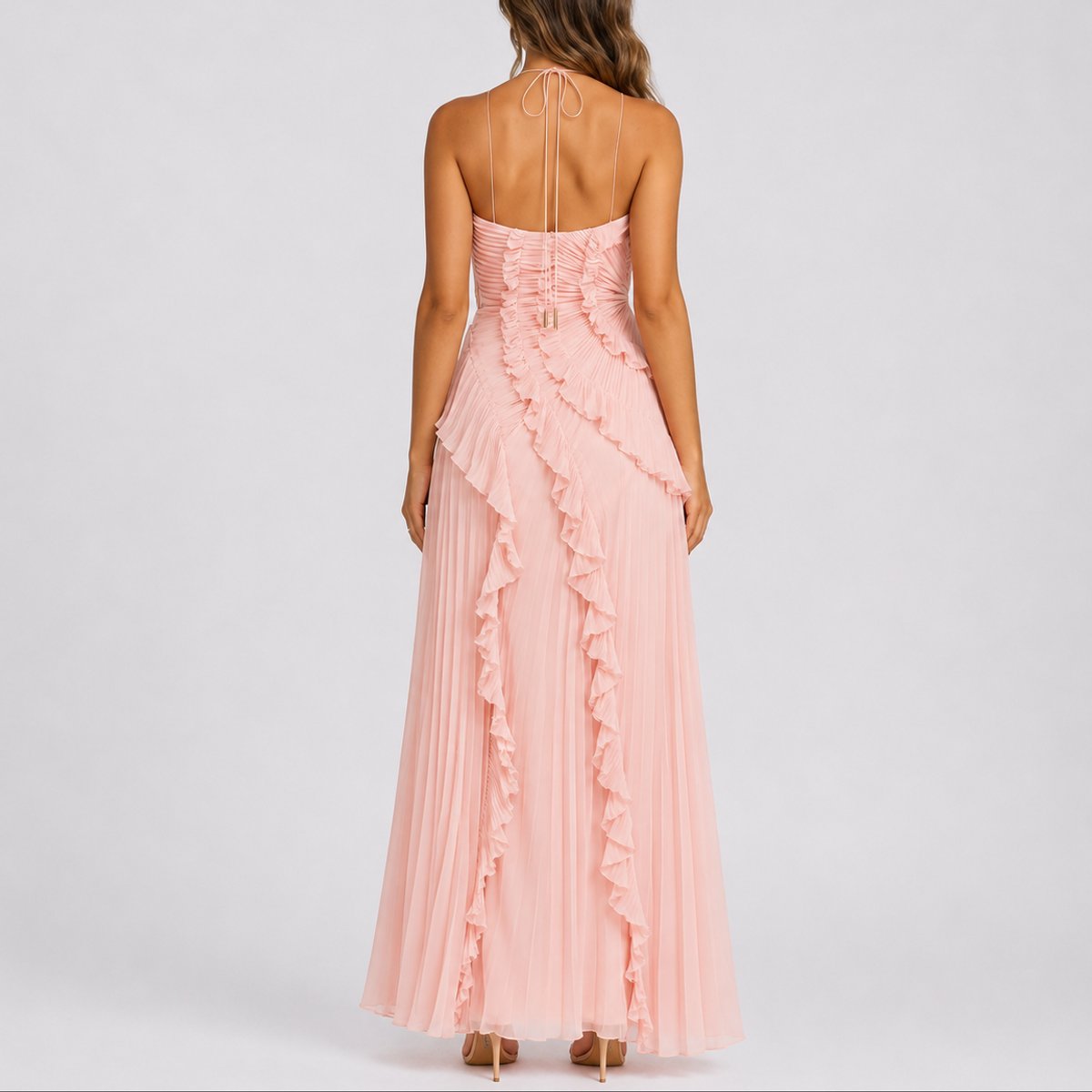 Women's Pleated Ruffle Halter Maxi Cocktail Dress