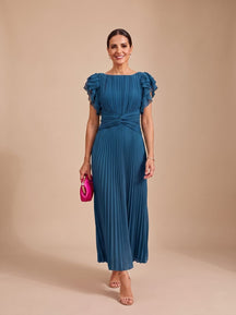 Women's Pleated Twist-Knot Flutter-Sleeve Maxi Evening Dress