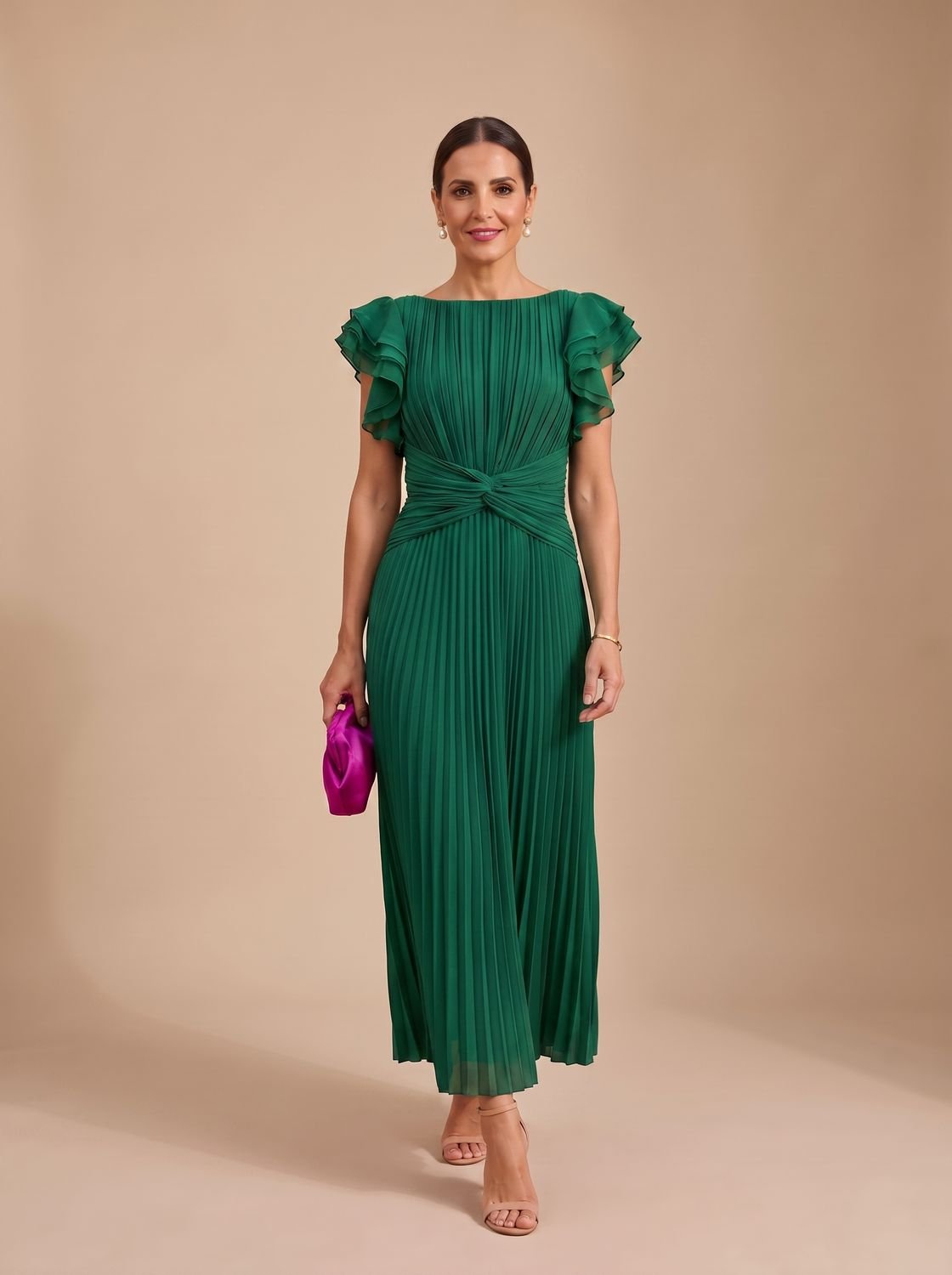 Women's Pleated Twist-Knot Flutter-Sleeve Maxi Evening Dress