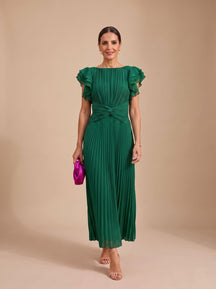 Women's Pleated Twist-Knot Flutter-Sleeve Maxi Evening Dress
