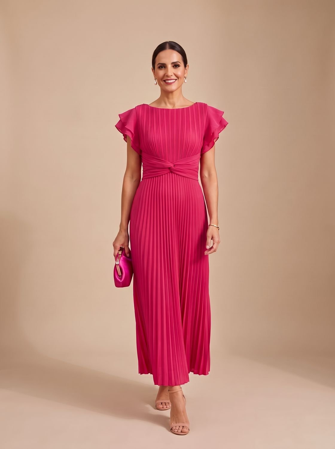 Women's Pleated Twist-Knot Flutter-Sleeve Maxi Evening Dress