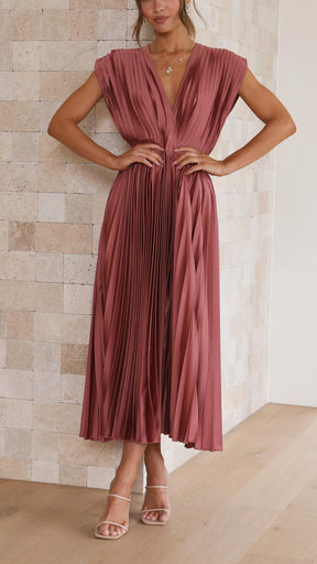 Women's Pleated V Neck Midi Wedding Guest Dress