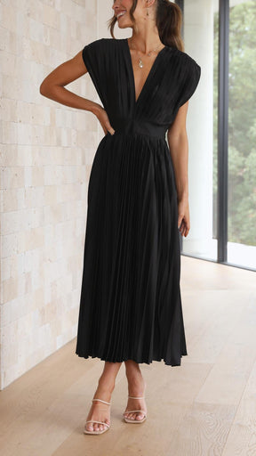 Women's Pleated V Neck Midi Wedding Guest Dress