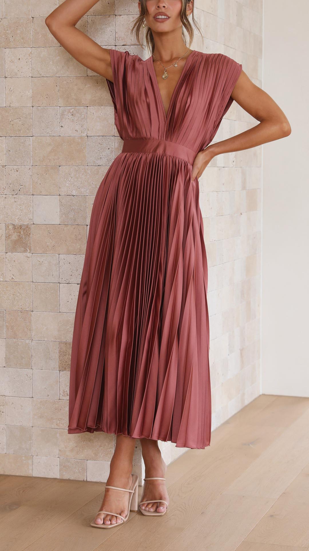 Women's Pleated V Neck Midi Wedding Guest Dress
