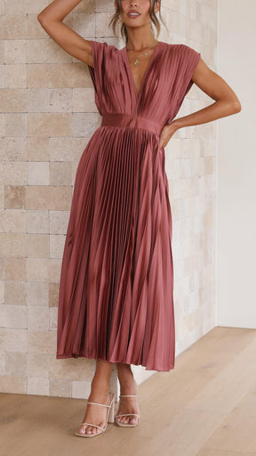 Women's Pleated V Neck Midi Wedding Guest Dress