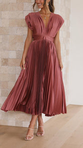 Women's Pleated V Neck Midi Wedding Guest Dress
