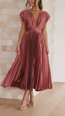 Women's Pleated V Neck Midi Wedding Guest Dress