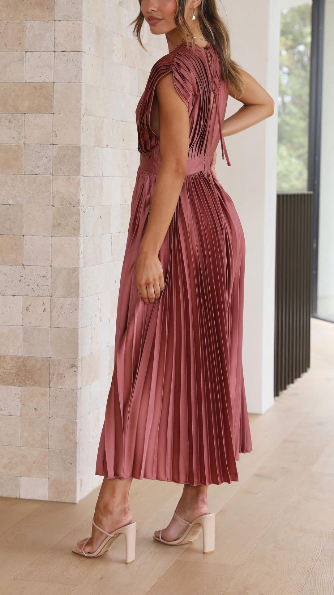 Women's Pleated V Neck Midi Wedding Guest Dress