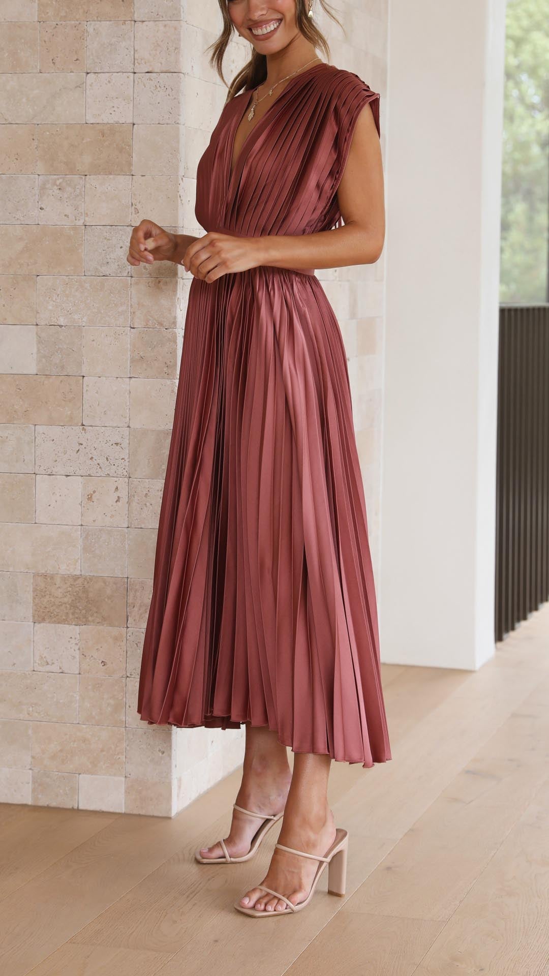 Women's Pleated V Neck Midi Wedding Guest Dress