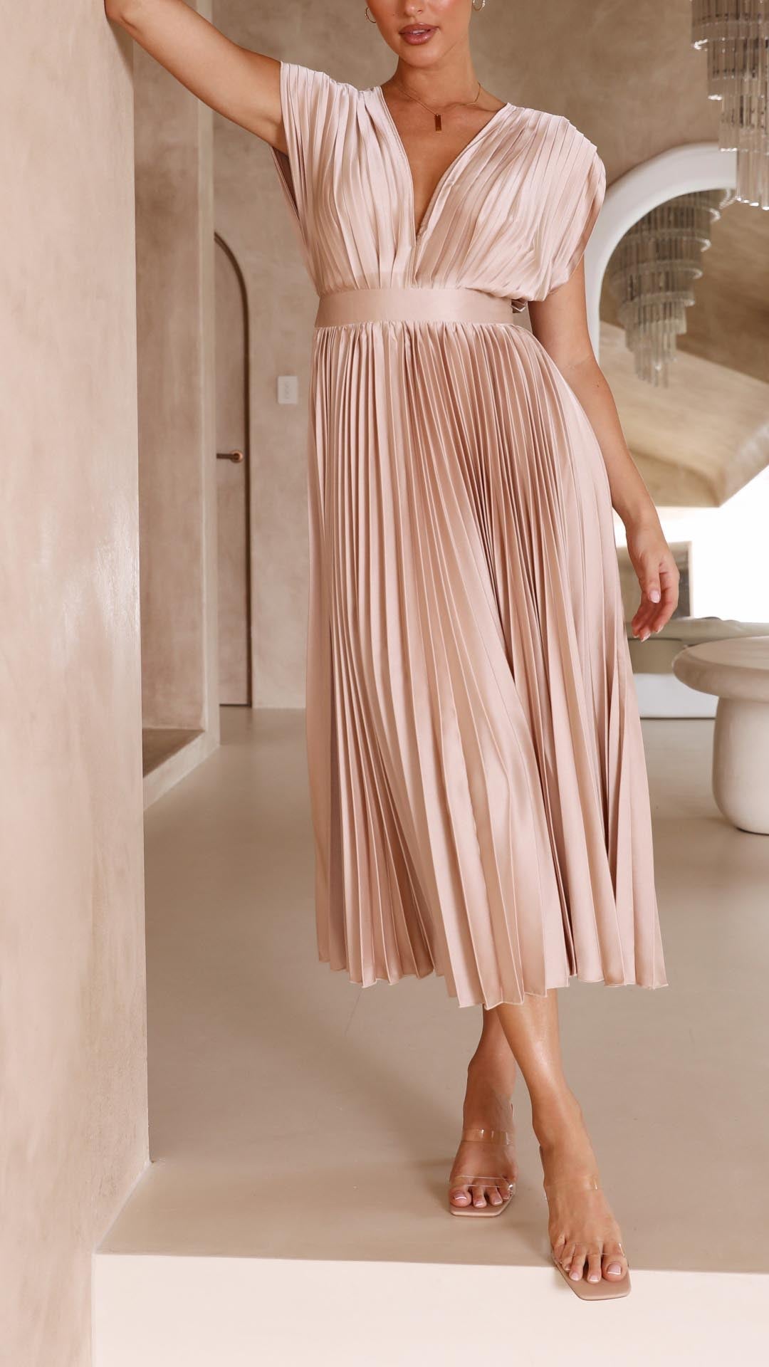 Women's Pleated V Neck Midi Wedding Guest Dress