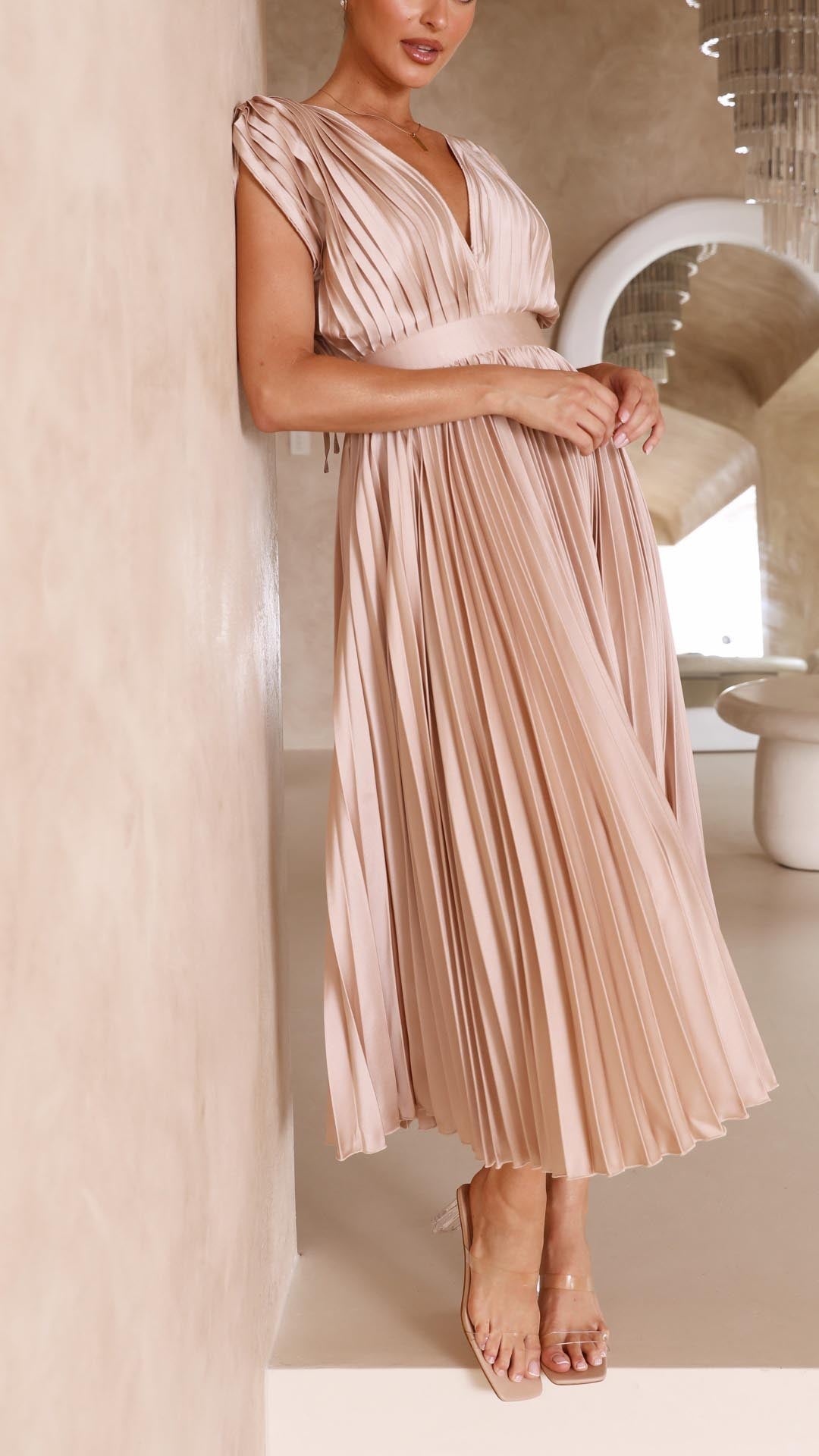 Women's Pleated V Neck Midi Wedding Guest Dress