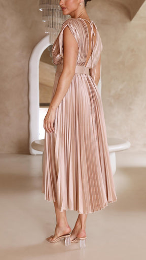 Women's Pleated V Neck Midi Wedding Guest Dress