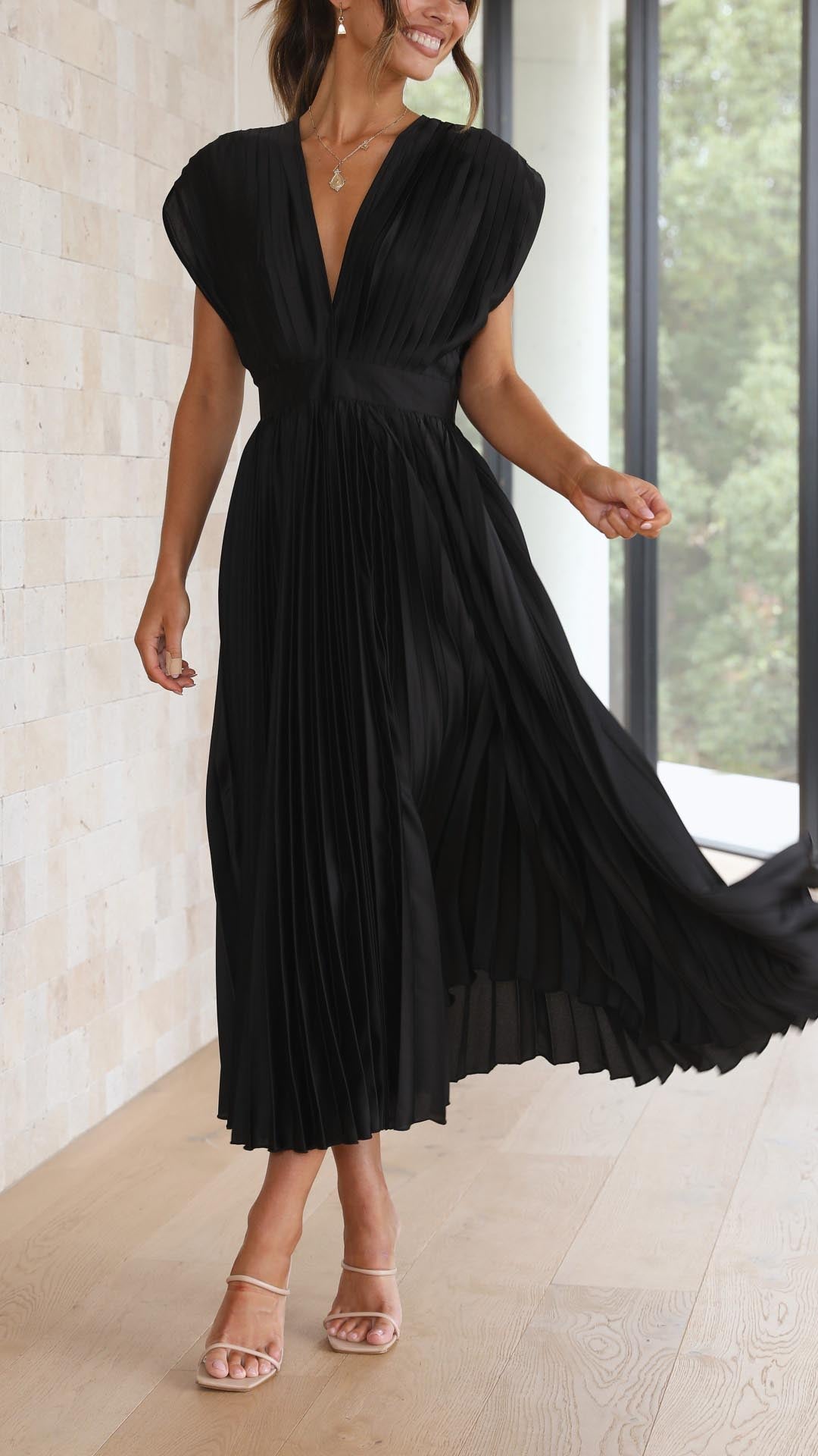 Women's Pleated V Neck Midi Wedding Guest Dress