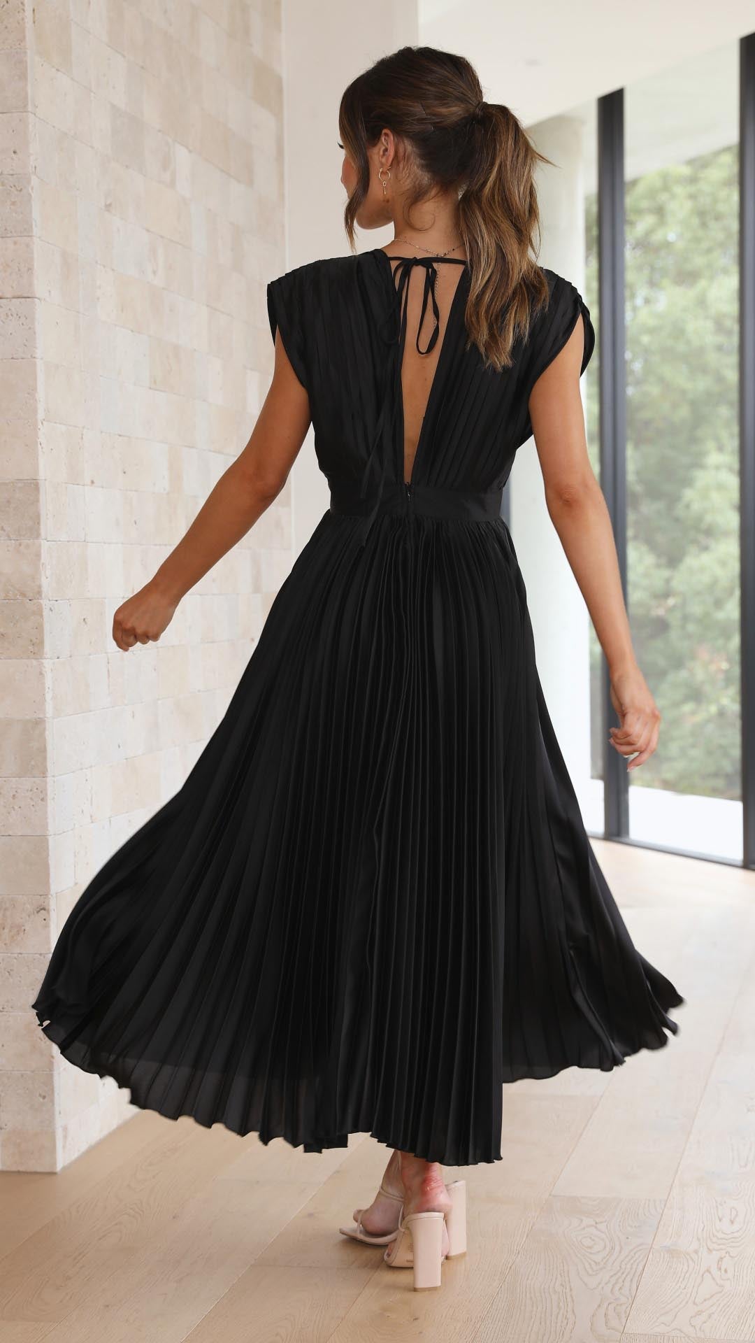 Women's Pleated V Neck Midi Wedding Guest Dress
