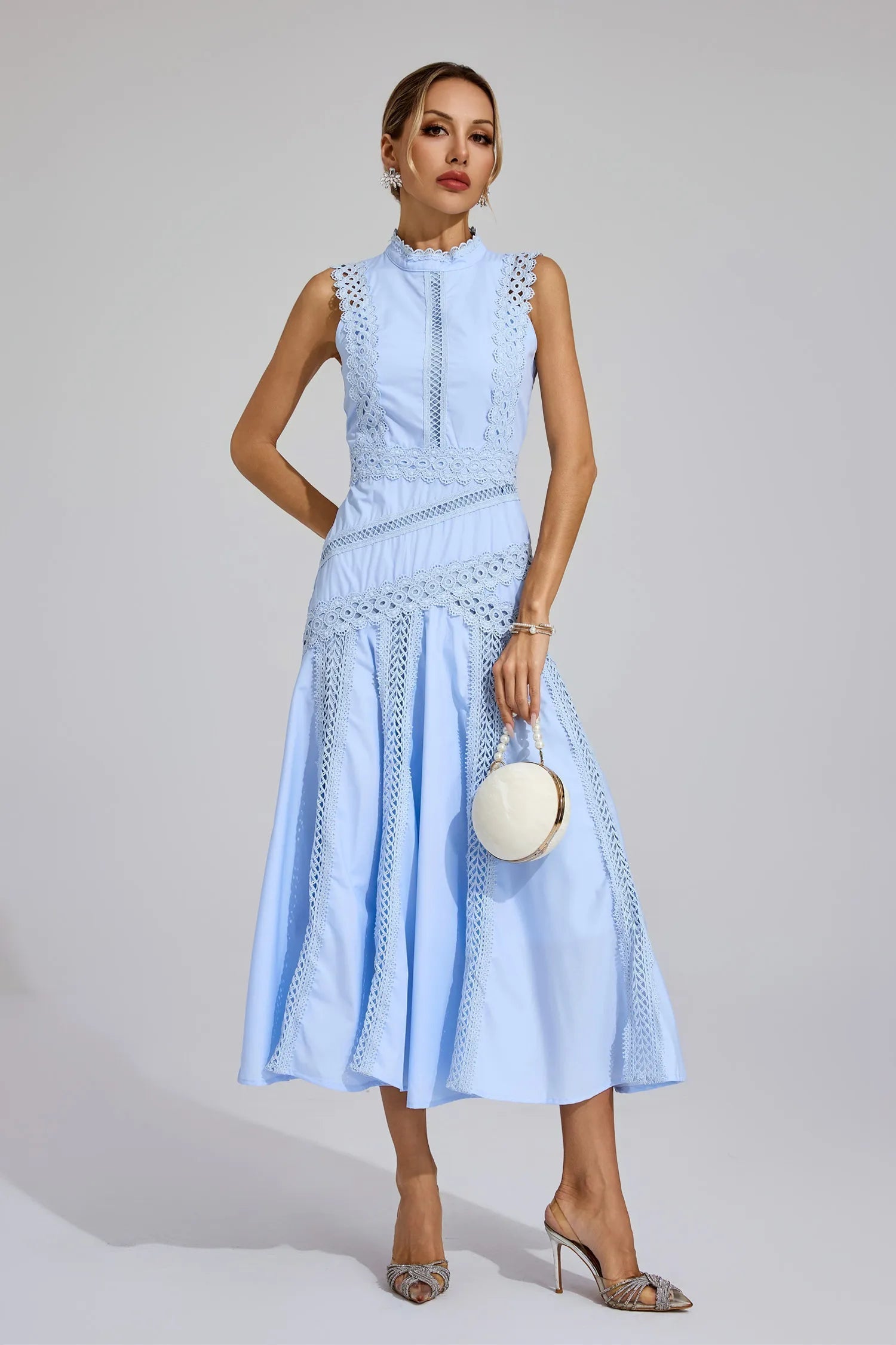 Women's Sleeveless Lace Cutwork Midi Dress