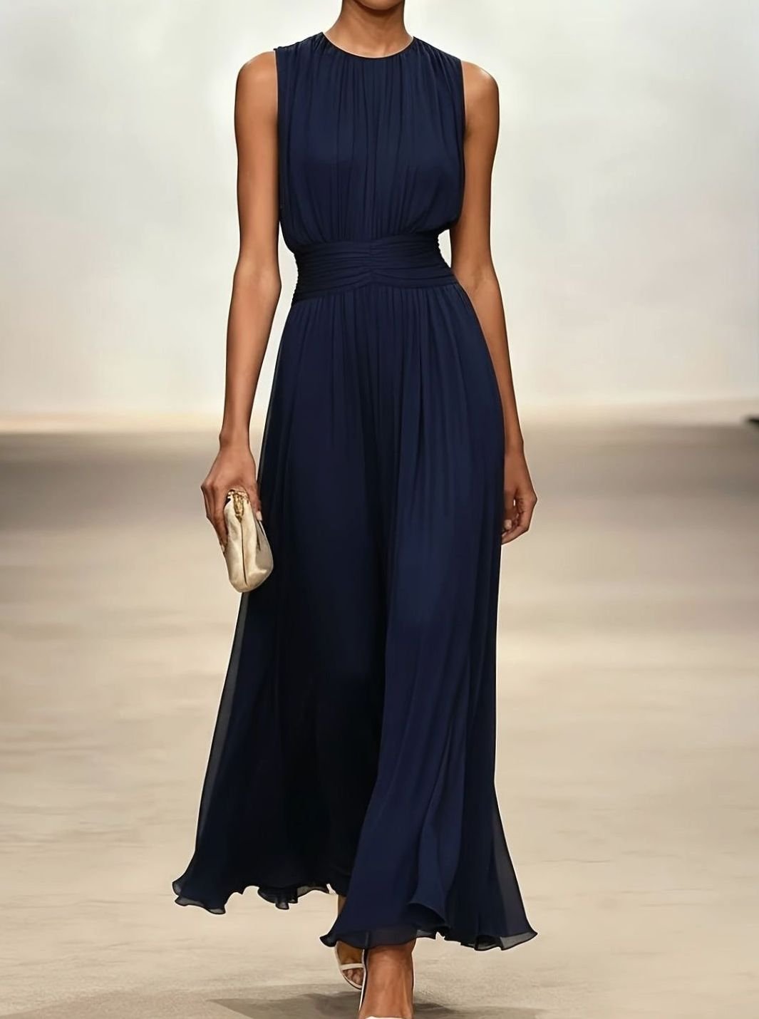 Women's Sleeveless Pleated Maxi Wedding Guest Dress Ruched Waist