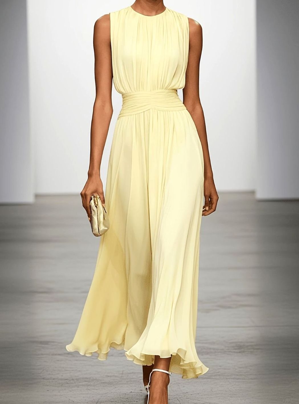 Women's Sleeveless Pleated Maxi Wedding Guest Dress Ruched Waist