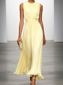 Women's Sleeveless Pleated Maxi Wedding Guest Dress Ruched Waist
