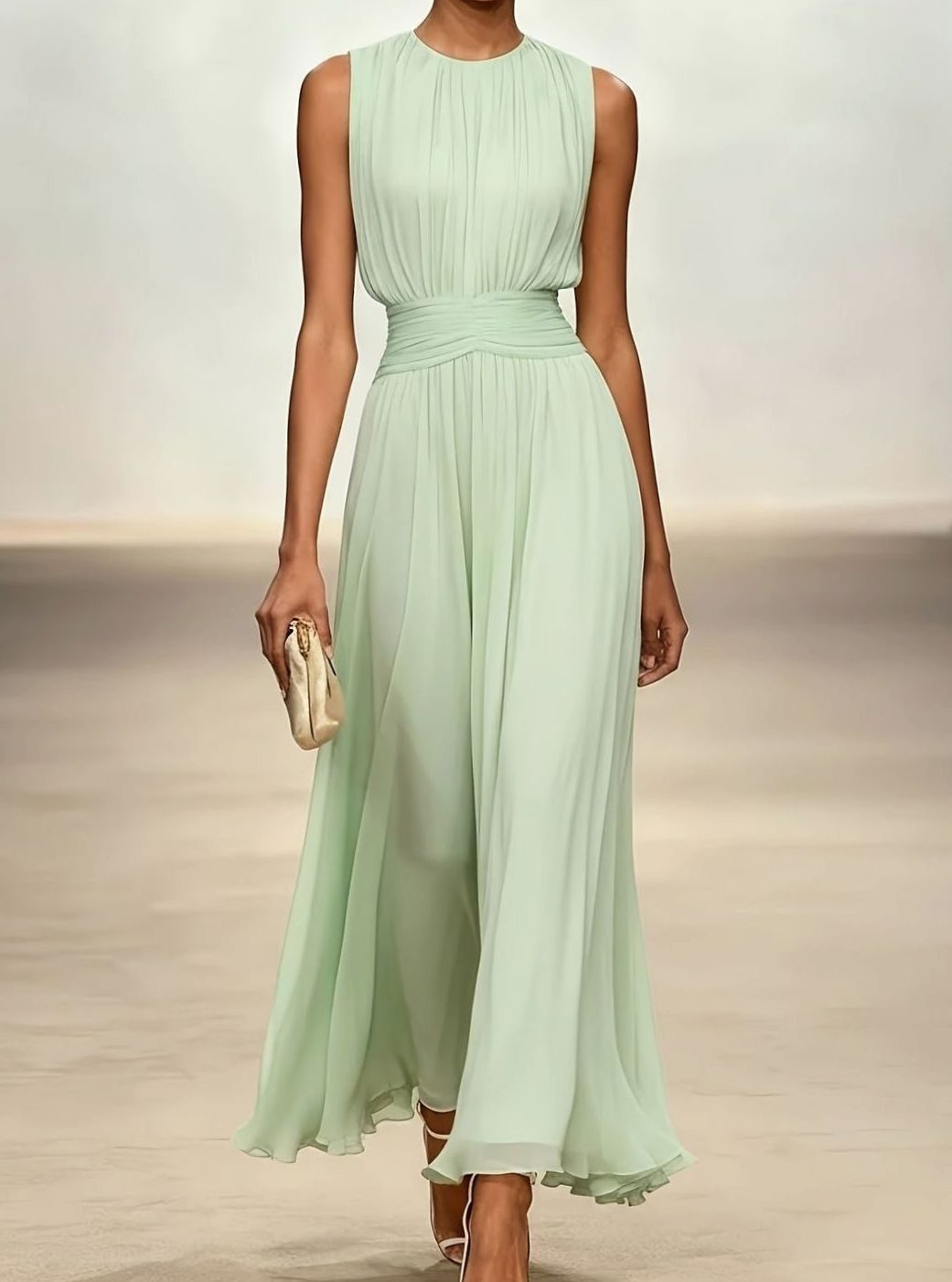 Women's Sleeveless Pleated Maxi Wedding Guest Dress Ruched Waist