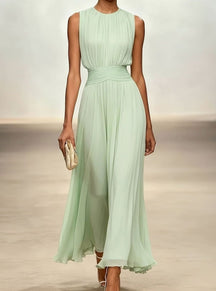 Women's Sleeveless Pleated Maxi Wedding Guest Dress Ruched Waist