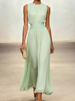 Women's Sleeveless Pleated Maxi Wedding Guest Dress Ruched Waist