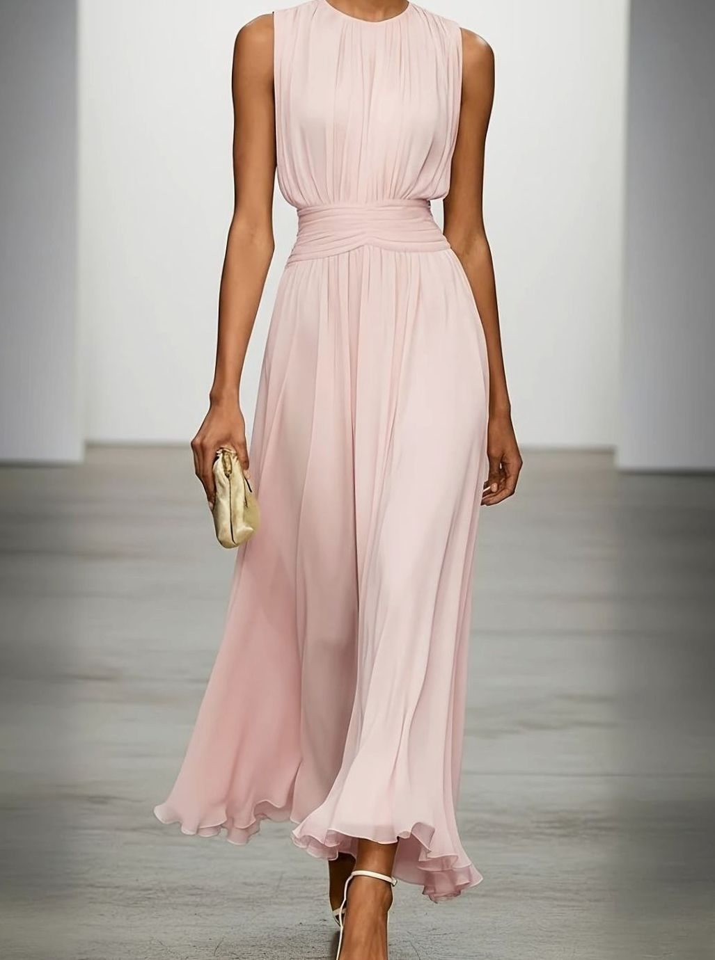 Women's Sleeveless Pleated Maxi Wedding Guest Dress Ruched Waist