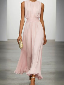 Women's Sleeveless Pleated Maxi Wedding Guest Dress Ruched Waist