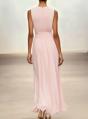 Women's Sleeveless Pleated Maxi Wedding Guest Dress Ruched Waist