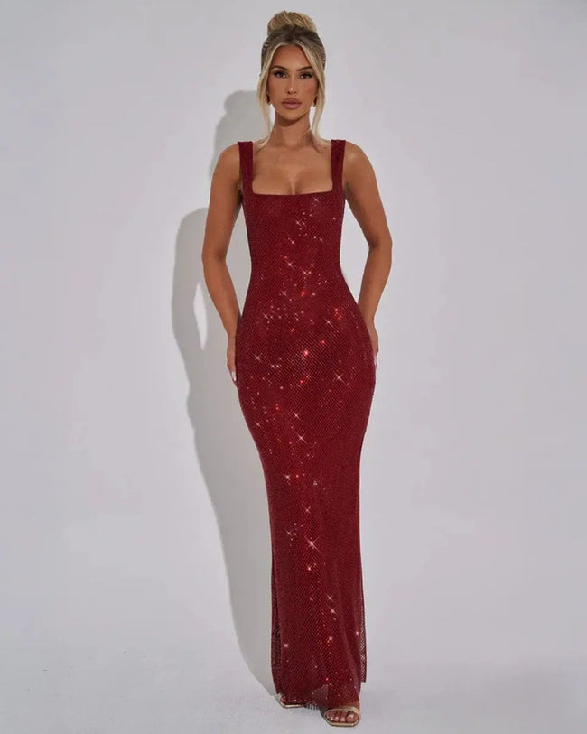 Women's Sleeveless Sequin Square-Neck Maxi Christmas Party Dress