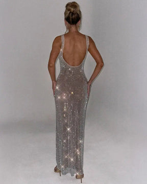 Women's Sequin Maxi Dress Sleeveless Square Neck Bodycon Evening Gown – Christmas Party & New Year's Eve