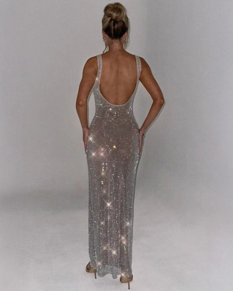 Women's Sequin Maxi Dress Sleeveless Square Neck Bodycon Evening Gown – Christmas Party & New Year's Eve