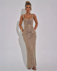 Women's Sequin Maxi Dress Sleeveless Square Neck Bodycon Evening Gown – Christmas Party & New Year's Eve