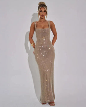 Women's Sequin Maxi Dress Sleeveless Square Neck Bodycon Evening Gown – Christmas Party & New Year's Eve
